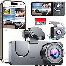 Dash Cam Front and Rear 4K Full HD, Dash Camera Included 32GB SD Card, 3 Channel Dash Camera for Cars, Dashcam with Night Vision, G-Sensor, 24H Parking Mode, 170°Wide Angle, Loop Recording