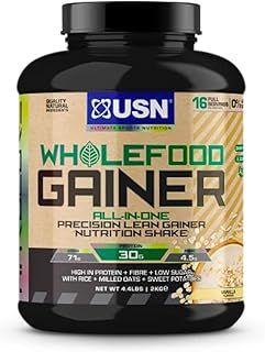 USN Wholefood Muscle Gain Protein Powder, Vanilla Flavour - 2kg, Natural Muscle Growth & Mass Gainer, All-in-One 30g Vegan Protein Powder, Meal Replacement & Dietary Supplement Protein Shake Mix