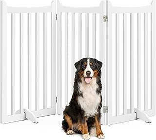 Yaheetech Freestanding Pet Gate Indoor 3-Panel Wooden Dog Gates for Small and Medium Dogs, Foldable Puppy Fence with 2 Support Feet,Pets Door for Doorways/Stairs/Halls/Kitchen (White,91cm H X 152cm L)